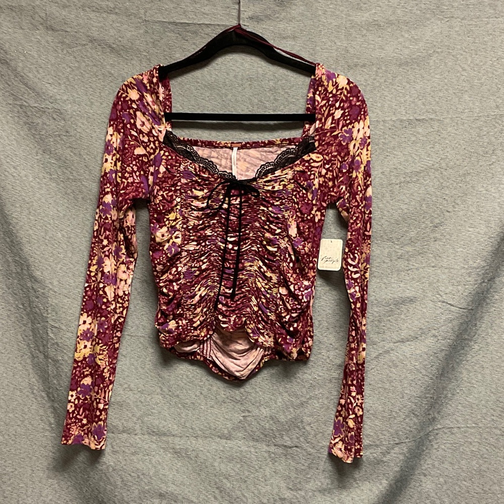 Free People Purple Floral Ruched Blouse